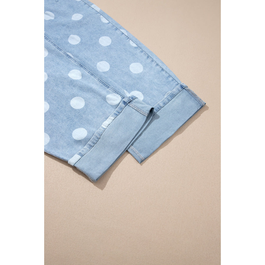 Sky Blue Polka Dot Ankle-Length Metal Button Casual Jeans Bottoms/Jeans