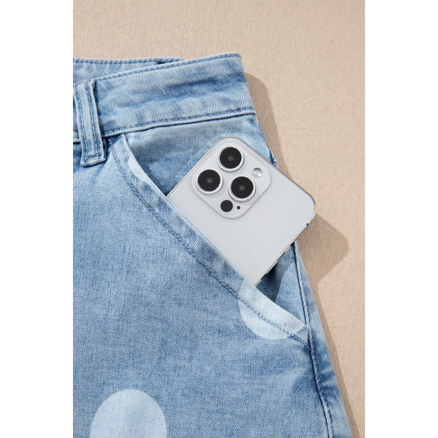 Sky Blue Polka Dot Ankle-Length Metal Button Casual Jeans Bottoms/Jeans