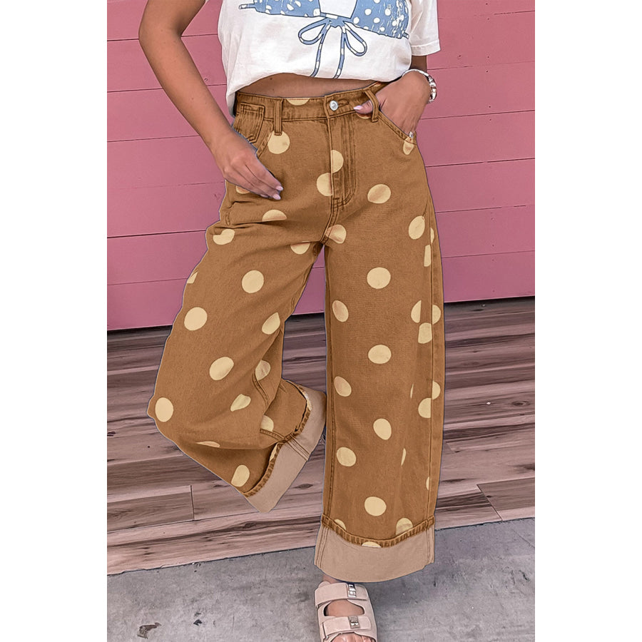 Sky Blue Polka Dot Ankle-Length Metal Button Casual Jeans Bottoms/Jeans