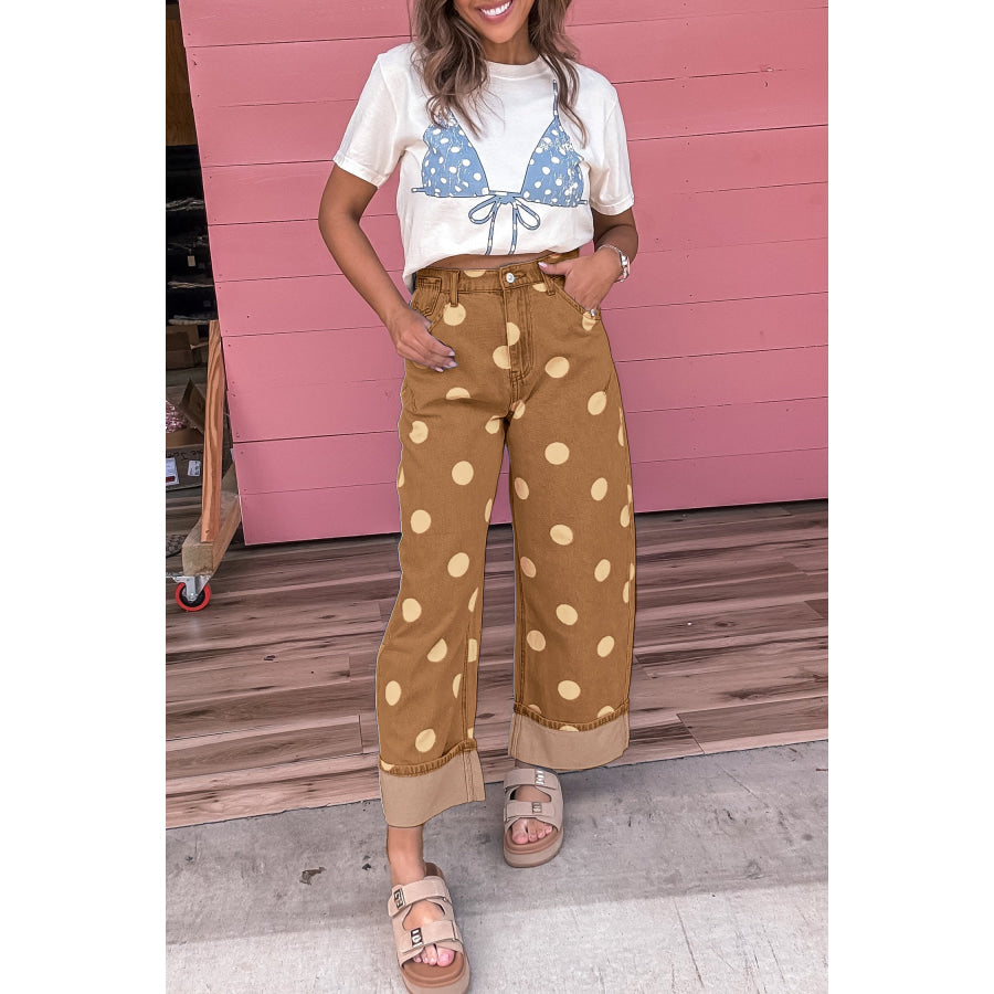 Sky Blue Polka Dot Ankle-Length Metal Button Casual Jeans Bottoms/Jeans