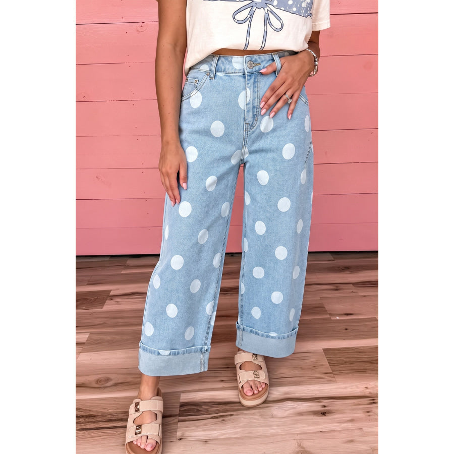 Sky Blue Polka Dot Ankle-Length Metal Button Casual Jeans Bottoms/Jeans