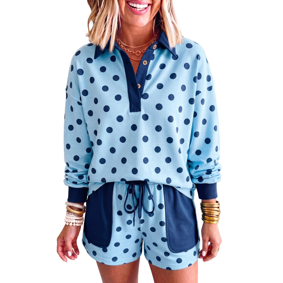 Sky Blue Polka Dot Drop Shoulder Polo Loose Pullover Patch Pocket Casual Shorts Set Two Piece Sets/Short Sets