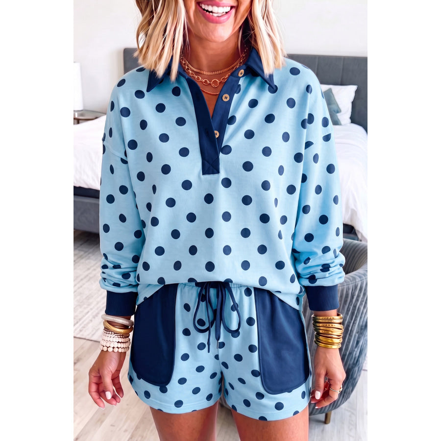 Sky Blue Polka Dot Drop Shoulder Polo Loose Pullover Patch Pocket Casual Shorts Set Two Piece Sets/Short Sets