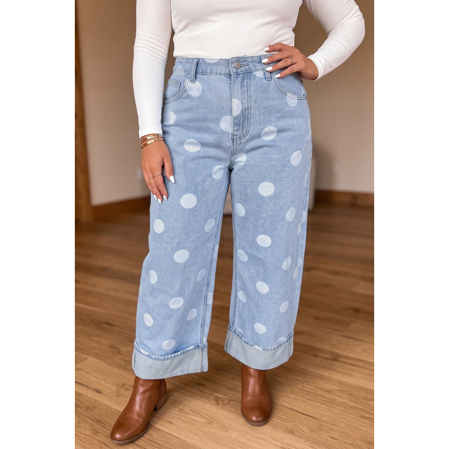 Sky Blue Polka Dot Full Length Regular Fit Plus Size Jeans / 1X Size/Plus Bottoms