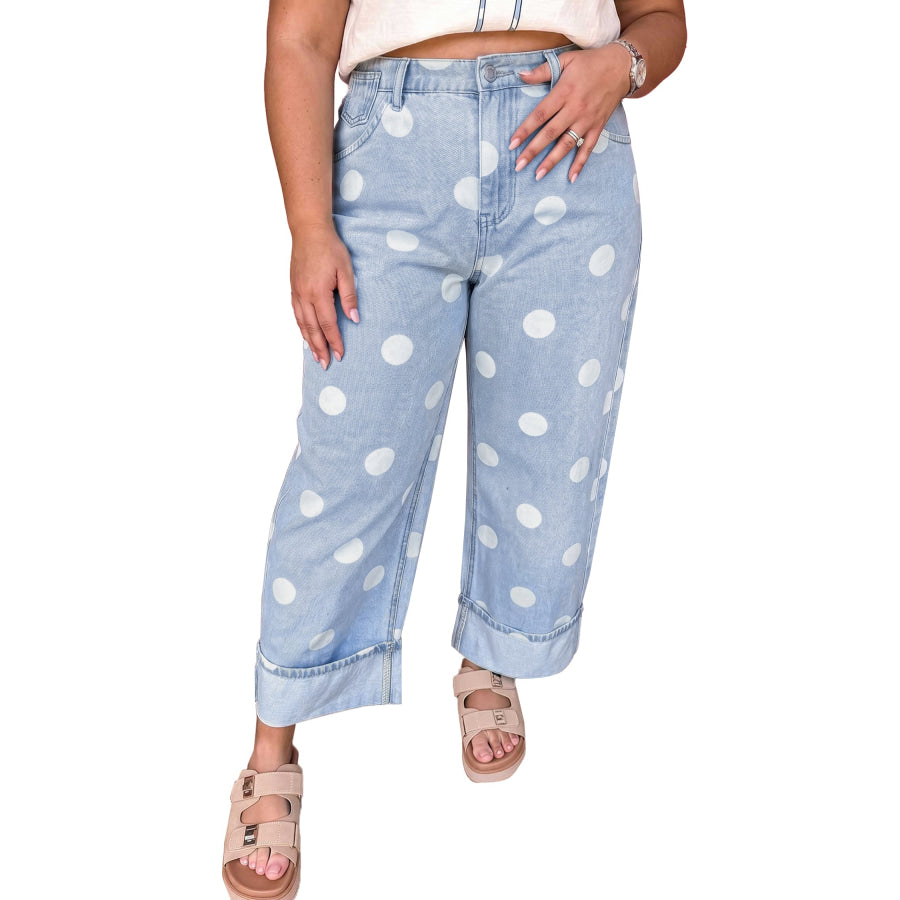 Sky Blue Polka Dot Full Length Regular Fit Plus Size Jeans Size/Plus Bottoms