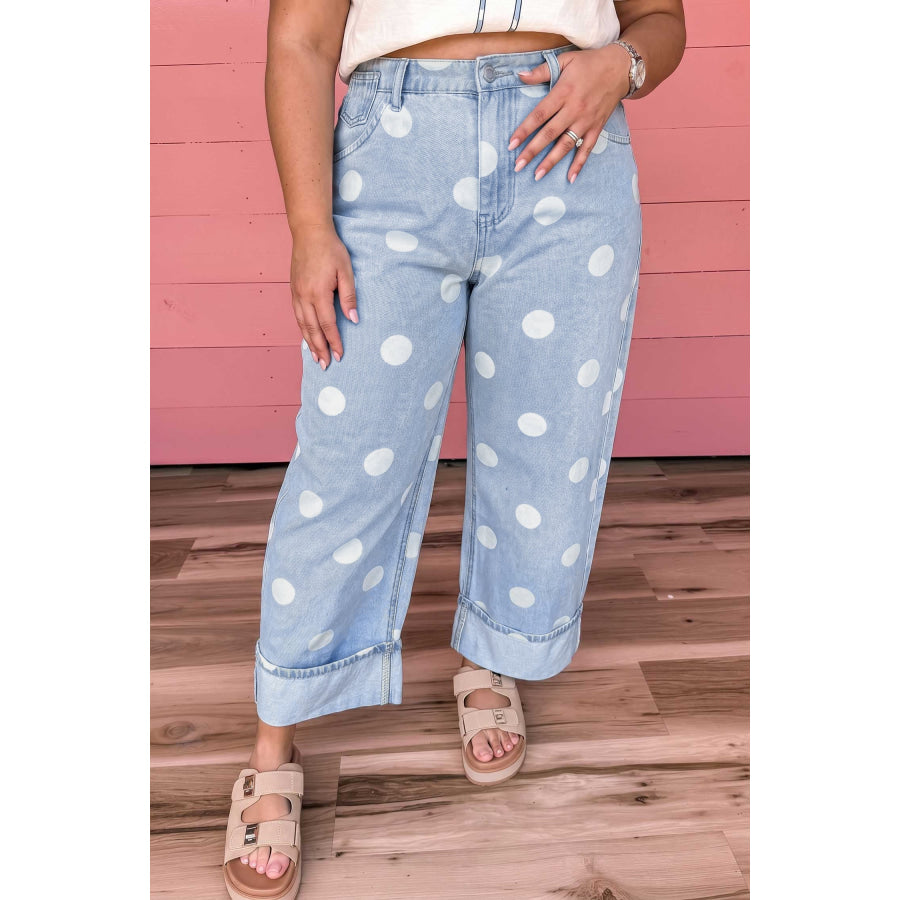 Sky Blue Polka Dot Full Length Regular Fit Plus Size Jeans Size/Plus Bottoms