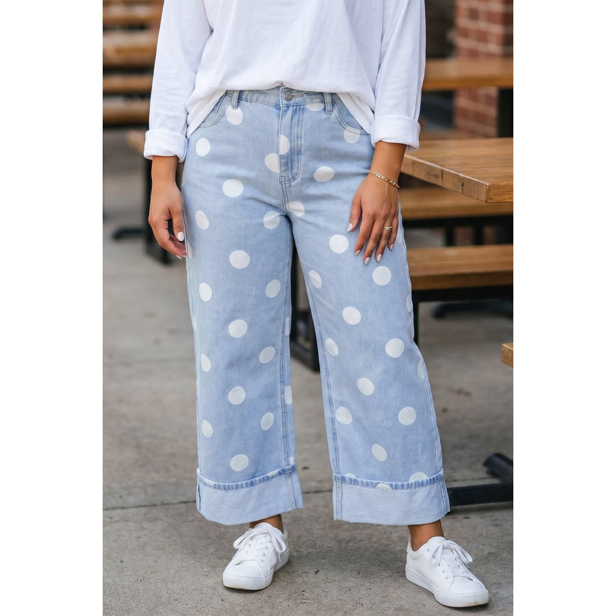 Sky Blue Polka Dot Full Length Regular Fit Plus Size Jeans Size/Plus Bottoms