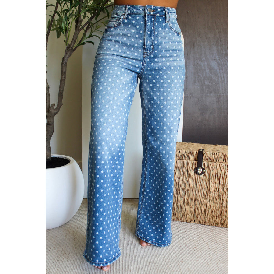Sky Blue Polka Dot High Waist Shift Jeans / 4 Bottoms/Jeans