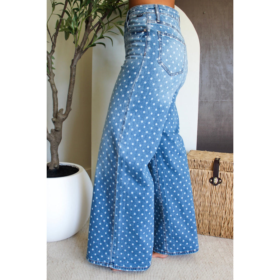 Sky Blue Polka Dot High Waist Shift Jeans Bottoms/Jeans