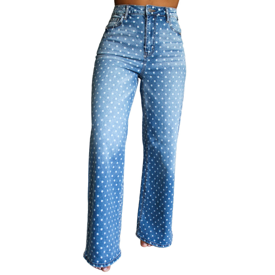 Sky Blue Polka Dot High Waist Shift Jeans Bottoms/Jeans