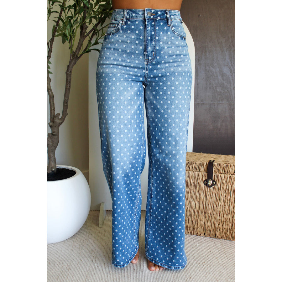 Sky Blue Polka Dot High Waist Shift Jeans Bottoms/Jeans