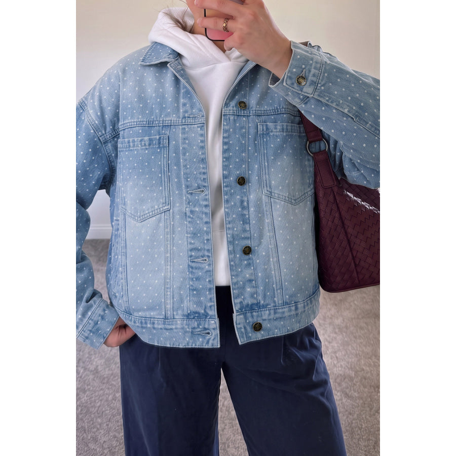 Sky Blue Polka Dot Long Sleeve Collar Pocket Casual Shift Silhouette Denim Jacket Outerwear/Denim jackets