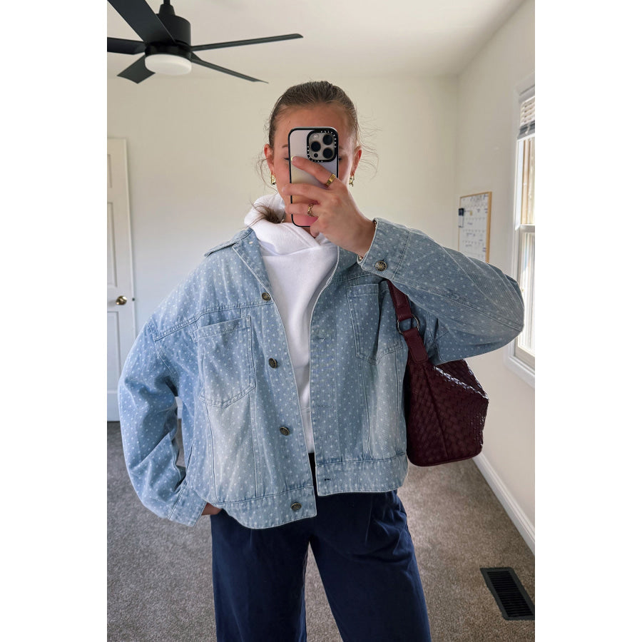 Sky Blue Polka Dot Long Sleeve Collar Pocket Casual Shift Silhouette Denim Jacket Outerwear/Denim jackets