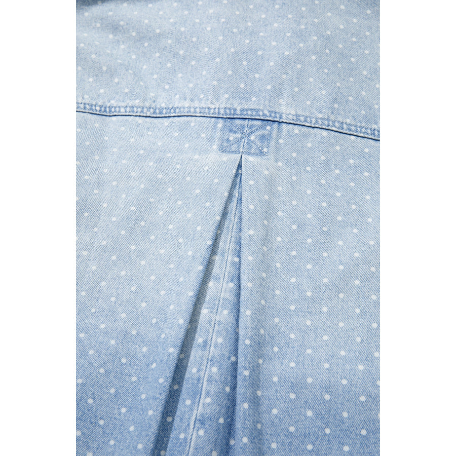 Sky Blue Polka Dot Long Sleeve Collar Pocket Casual Shift Silhouette Denim Jacket Outerwear/Denim jackets