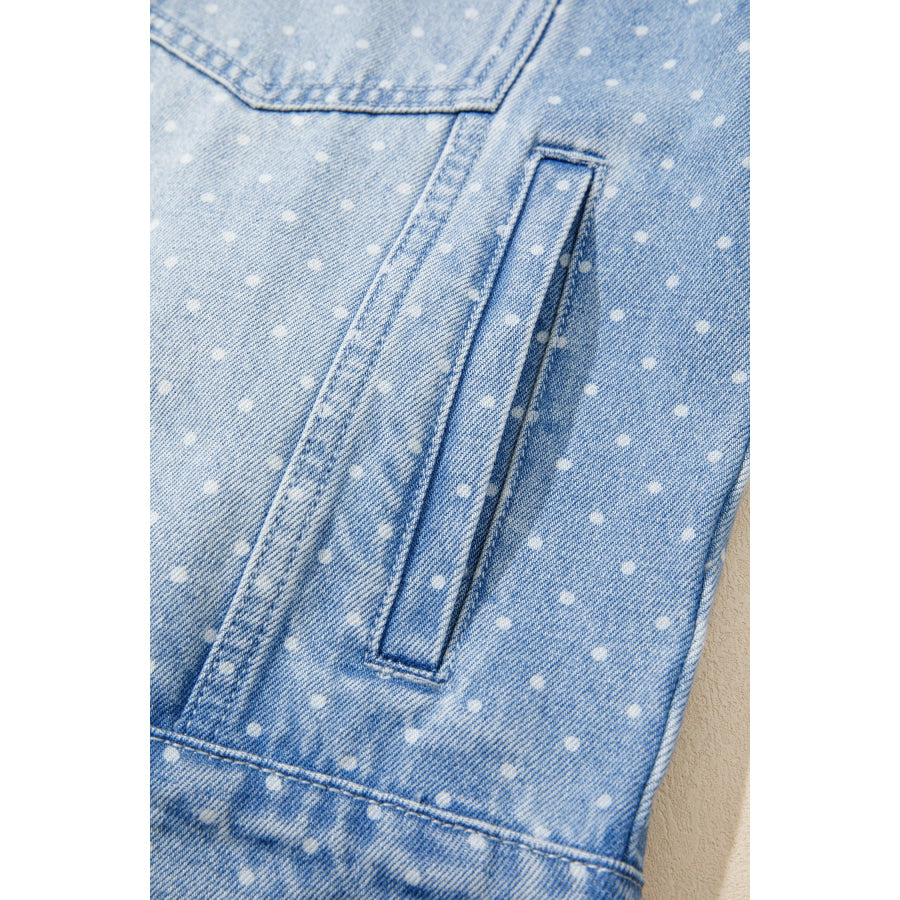 Sky Blue Polka Dot Long Sleeve Collar Pocket Casual Shift Silhouette Denim Jacket Outerwear/Denim jackets