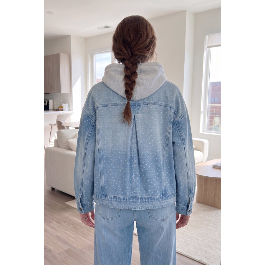Sky Blue Polka Dot Long Sleeve Collar Pocket Casual Shift Silhouette Denim Jacket Outerwear/Denim jackets