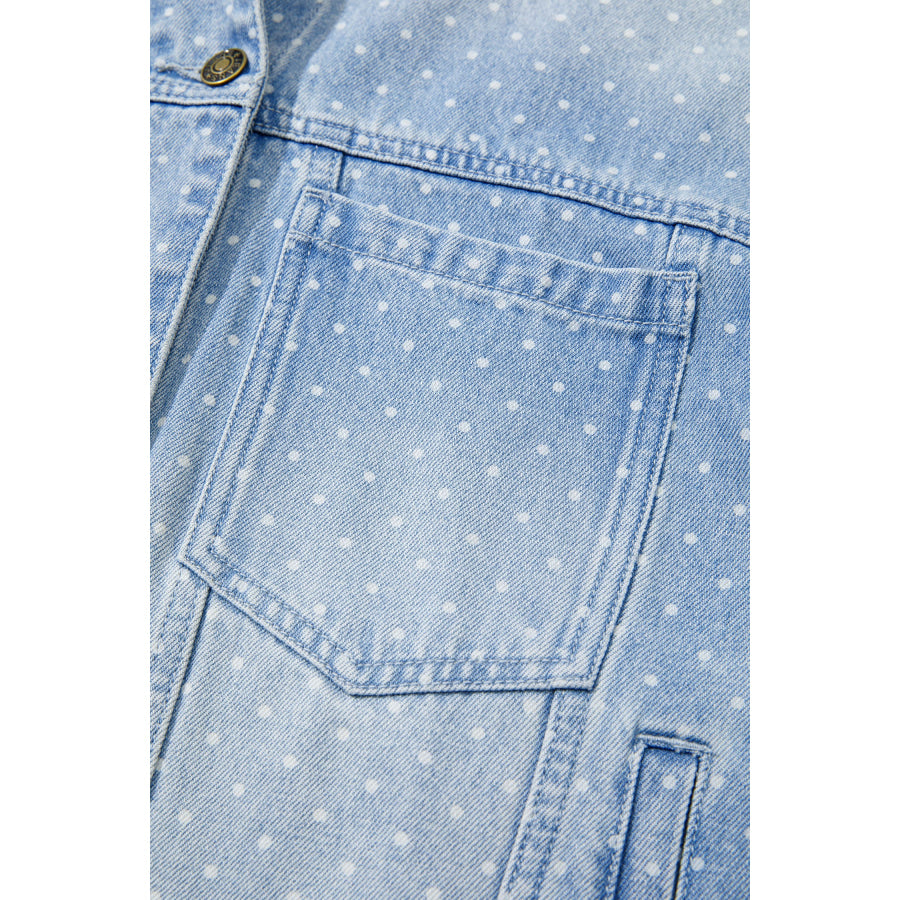Sky Blue Polka Dot Long Sleeve Collar Pocket Casual Shift Silhouette Denim Jacket Outerwear/Denim jackets