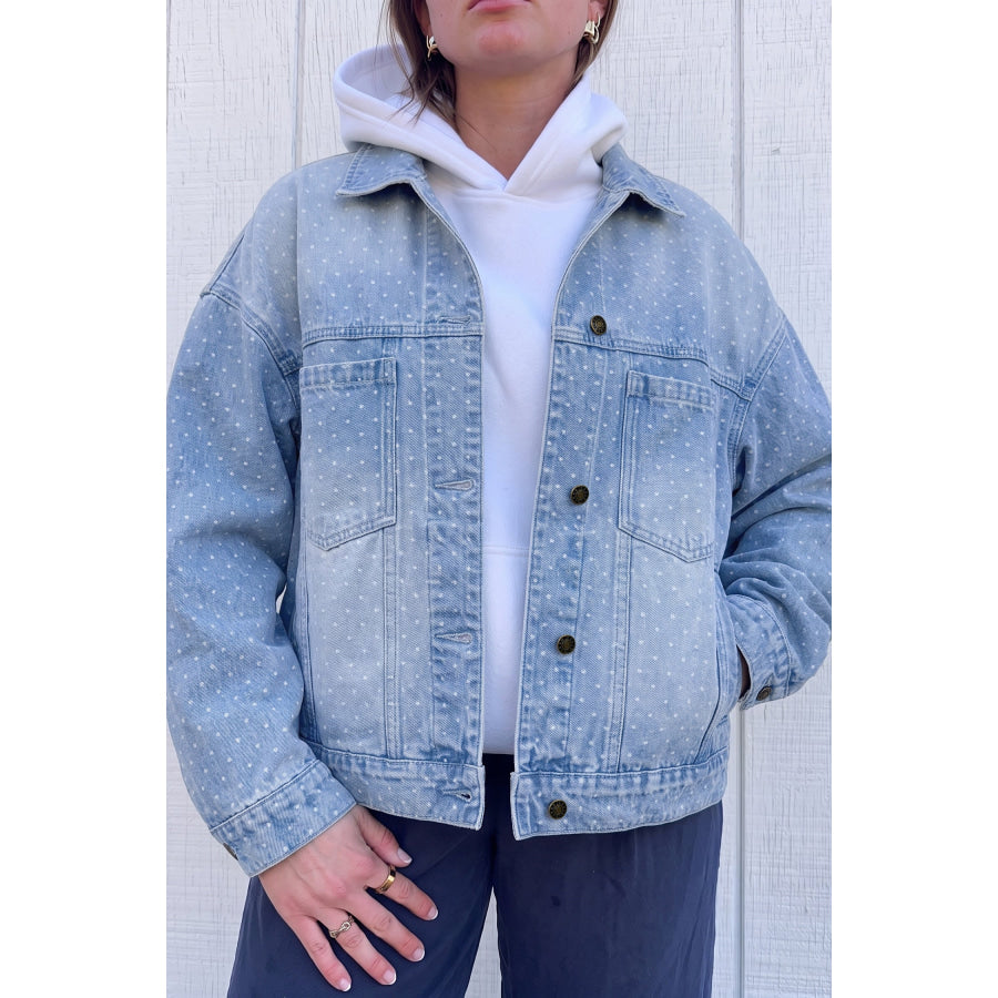 Sky Blue Polka Dot Long Sleeve Collar Pocket Casual Shift Silhouette Denim Jacket Outerwear/Denim jackets