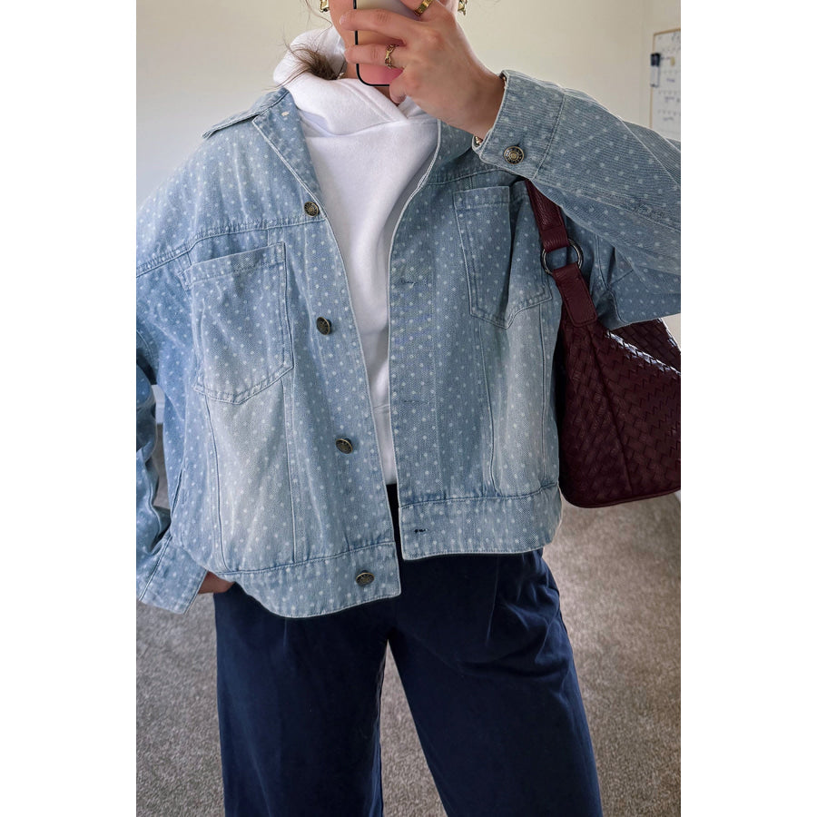 Sky Blue Polka Dot Long Sleeve Collar Pocket Casual Shift Silhouette Denim Jacket Outerwear/Denim jackets
