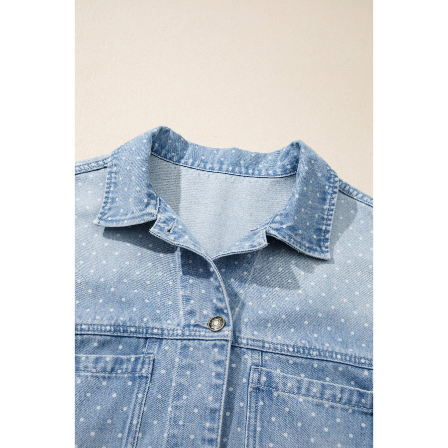 Sky Blue Polka Dot Long Sleeve Collar Pocket Casual Shift Silhouette Denim Jacket Outerwear/Denim jackets