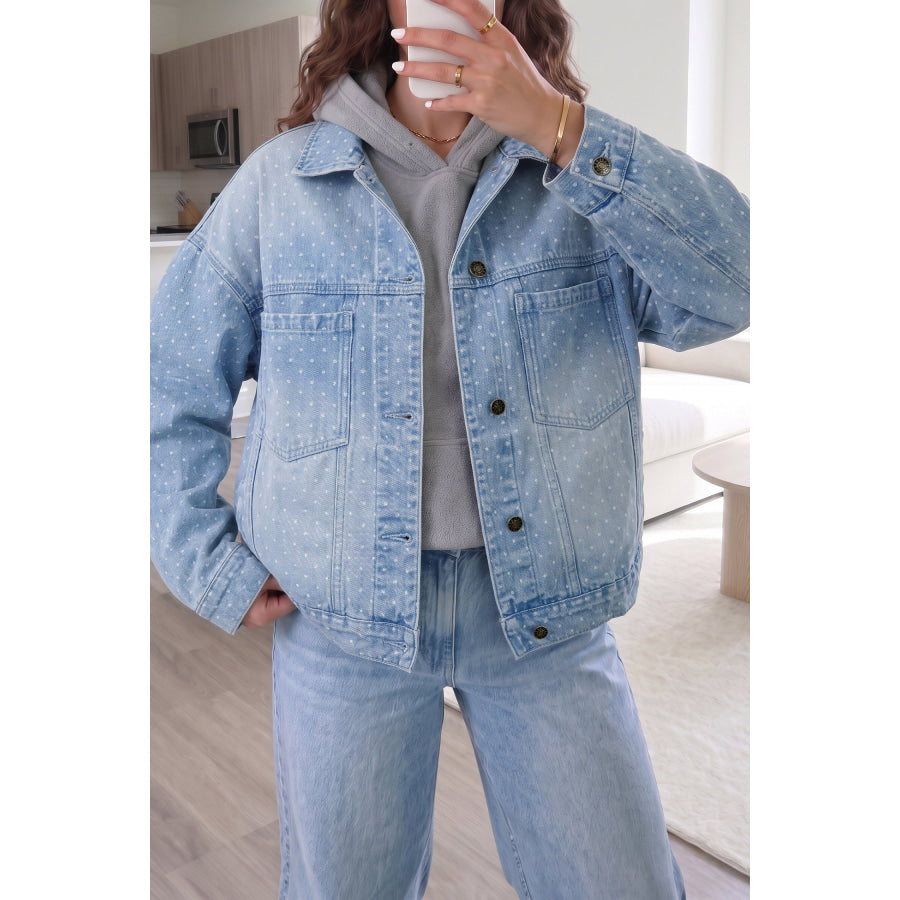 Sky Blue Polka Dot Long Sleeve Collar Pocket Casual Shift Silhouette Denim Jacket Outerwear/Denim jackets