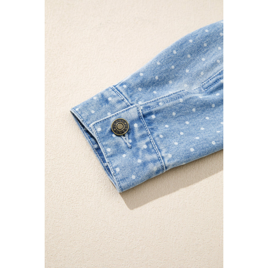 Sky Blue Polka Dot Long Sleeve Collar Pocket Casual Shift Silhouette Denim Jacket Outerwear/Denim jackets