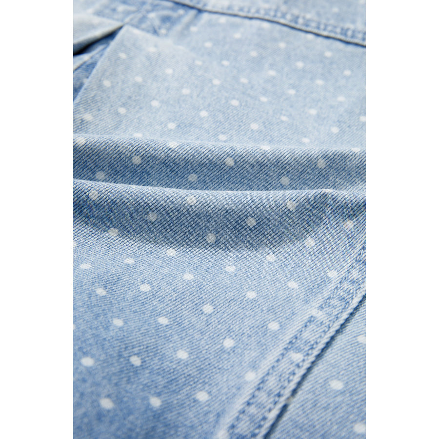 Sky Blue Polka Dot Long Sleeve Collar Pocket Casual Shift Silhouette Denim Jacket Outerwear/Denim jackets
