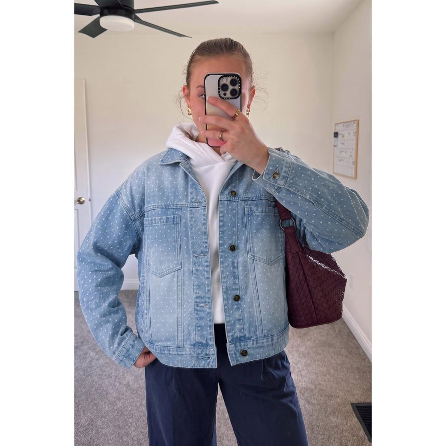 Sky Blue Polka Dot Long Sleeve Collar Pocket Casual Shift Silhouette Denim Jacket Outerwear/Denim jackets