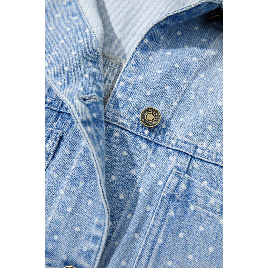 Sky Blue Polka Dot Long Sleeve Collar Pocket Casual Shift Silhouette Denim Jacket Outerwear/Denim jackets