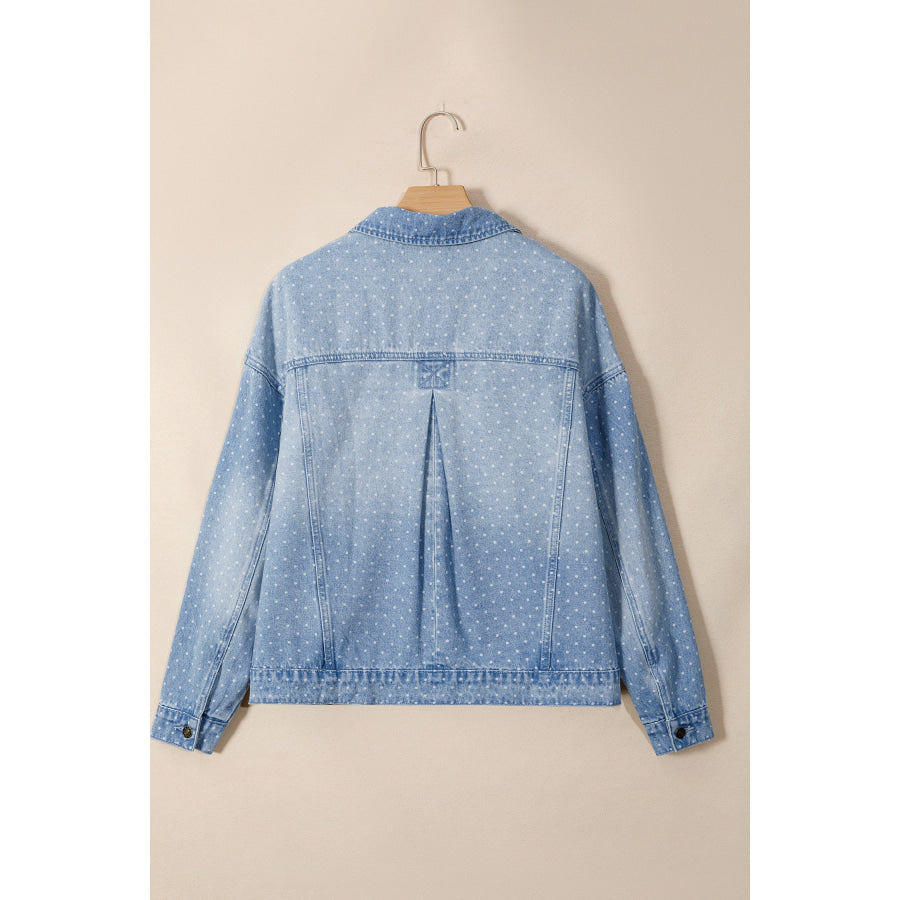 Sky Blue Polka Dot Long Sleeve Collar Pocket Casual Shift Silhouette Denim Jacket Outerwear/Denim jackets