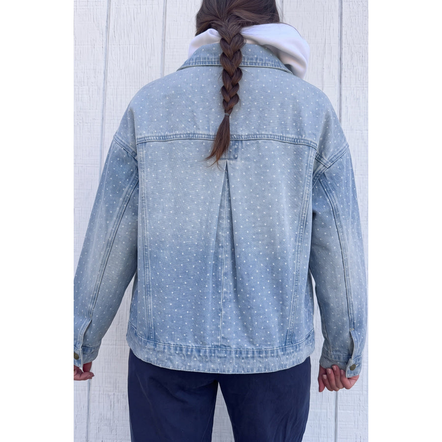 Sky Blue Polka Dot Long Sleeve Collar Pocket Casual Shift Silhouette Denim Jacket Outerwear/Denim jackets