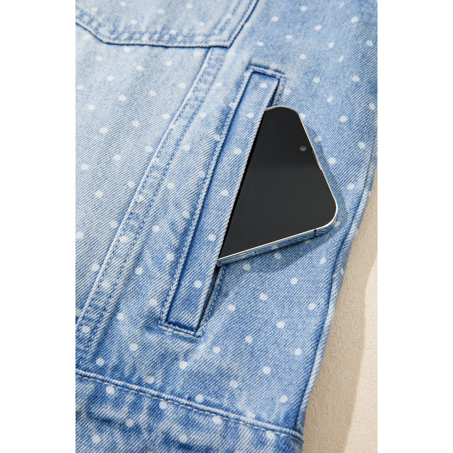 Sky Blue Polka Dot Long Sleeve Collar Pocket Casual Shift Silhouette Denim Jacket Outerwear/Denim jackets