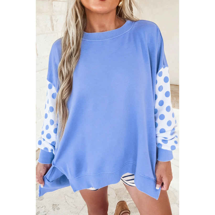Sky Blue Polka Dot Patchwork Sleeve Crew Neck Loose Pullover Sweatshirt / S Tops/Sweatshirts & Hoodies