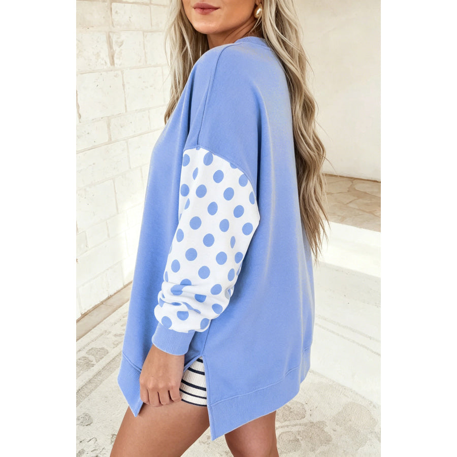 Sky Blue Polka Dot Patchwork Sleeve Crew Neck Loose Pullover Sweatshirt Tops/Sweatshirts & Hoodies
