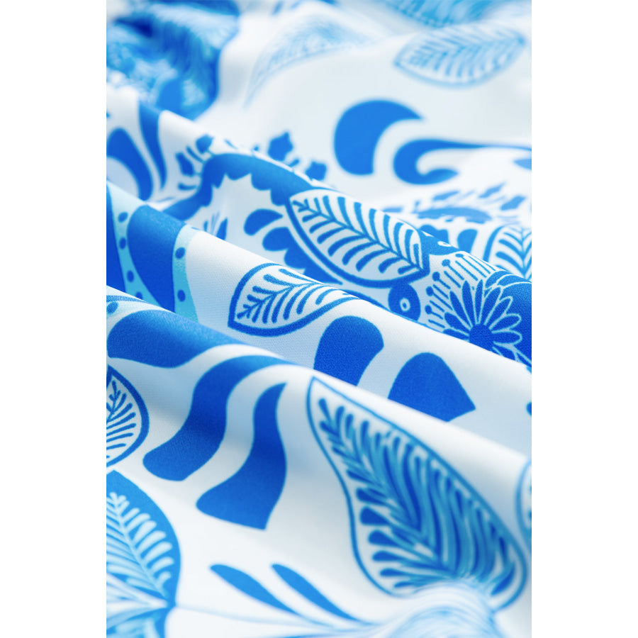 Sky Blue Retro Floral Print Drawstring Waist Ruffled Mini Dress Dresses/Floral Dresses