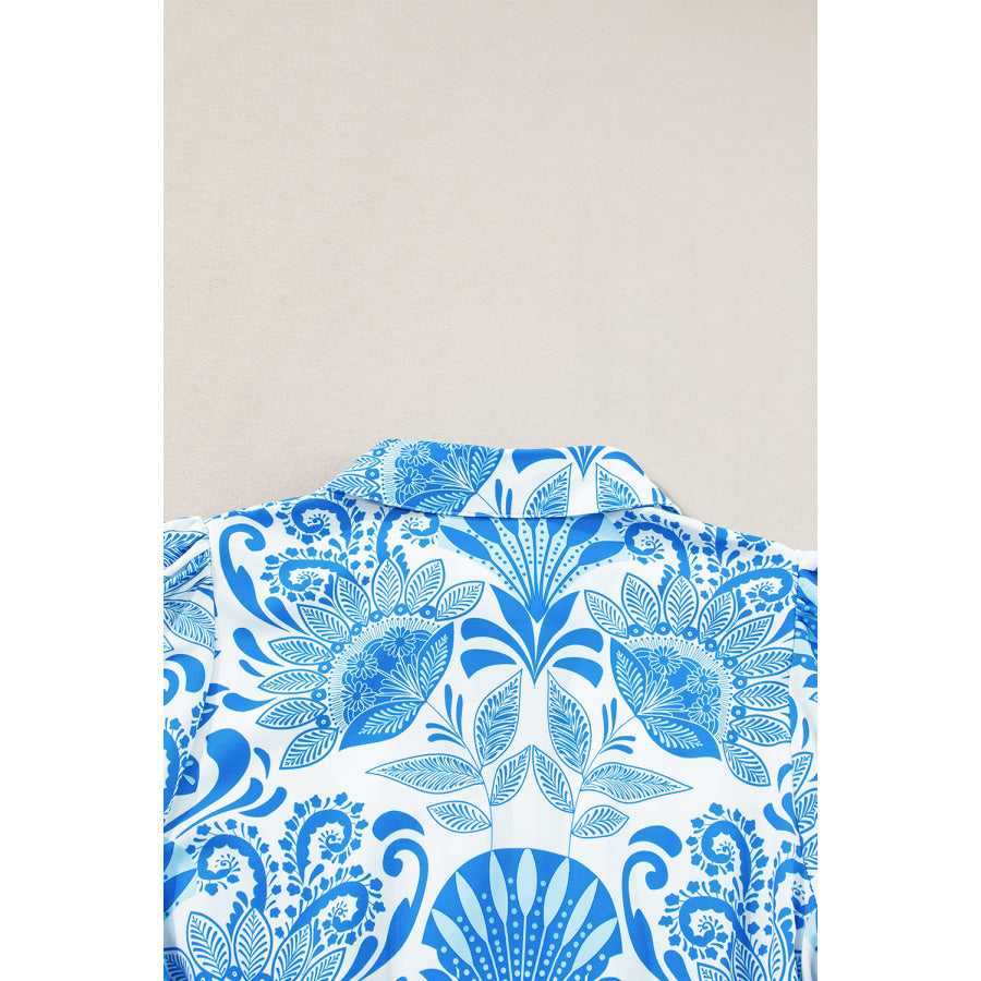 Sky Blue Retro Floral Print Drawstring Waist Ruffled Mini Dress Dresses/Floral Dresses