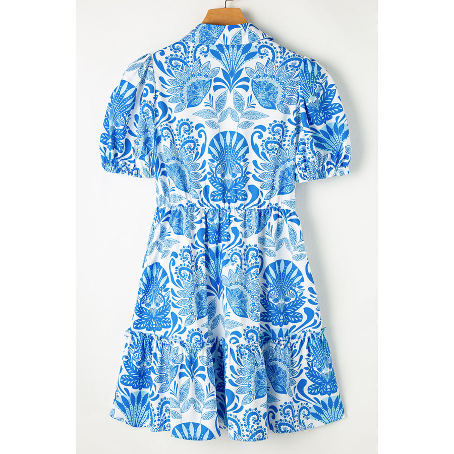 Sky Blue Retro Floral Print Drawstring Waist Ruffled Mini Dress Dresses/Floral Dresses