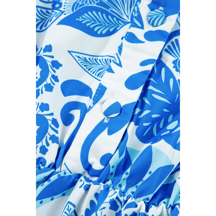 Sky Blue Retro Floral Print Drawstring Waist Ruffled Mini Dress Dresses/Floral Dresses
