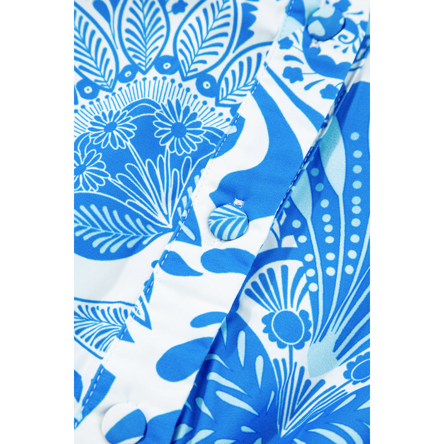 Sky Blue Retro Floral Print Drawstring Waist Ruffled Mini Dress Dresses/Floral Dresses