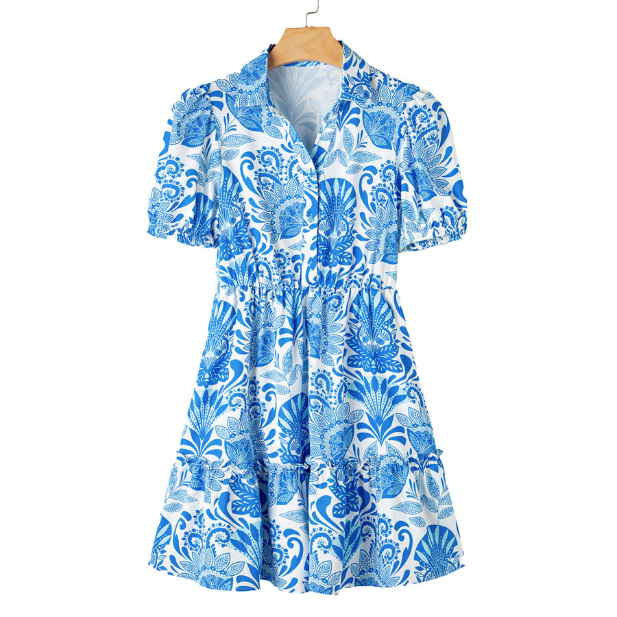 Sky Blue Retro Floral Print Drawstring Waist Ruffled Mini Dress Dresses/Floral Dresses