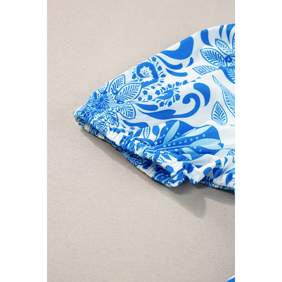 Sky Blue Retro Floral Print Drawstring Waist Ruffled Mini Dress Dresses/Floral Dresses