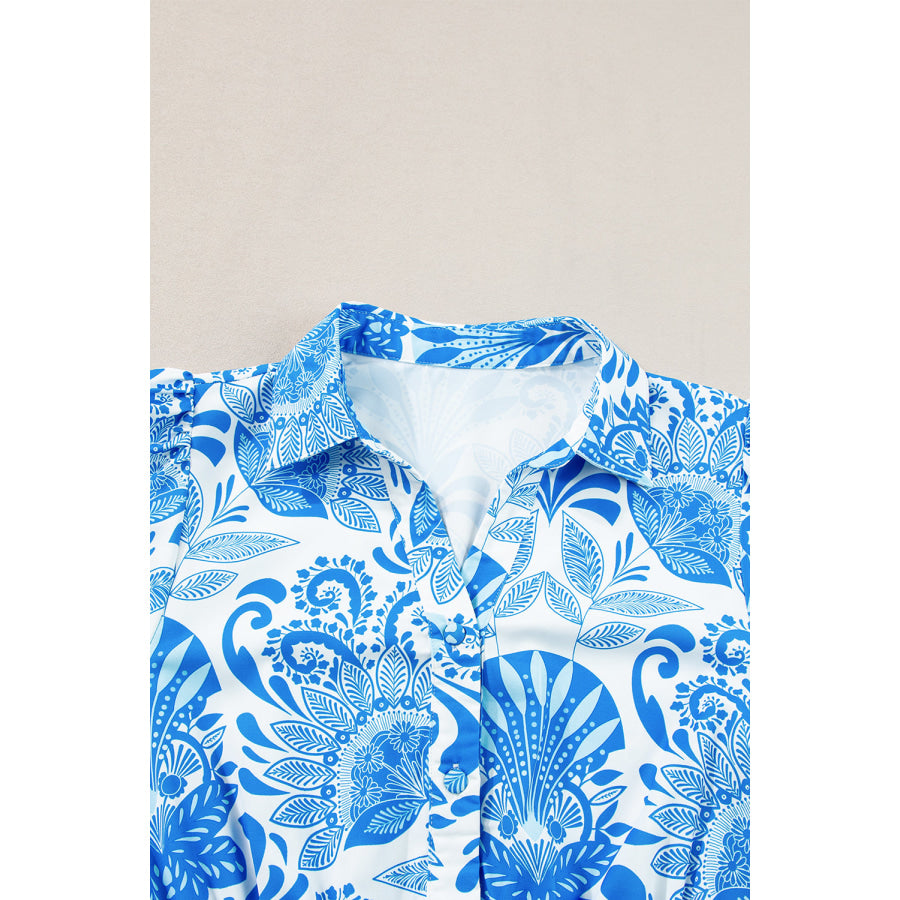 Sky Blue Retro Floral Print Drawstring Waist Ruffled Mini Dress Dresses/Floral Dresses