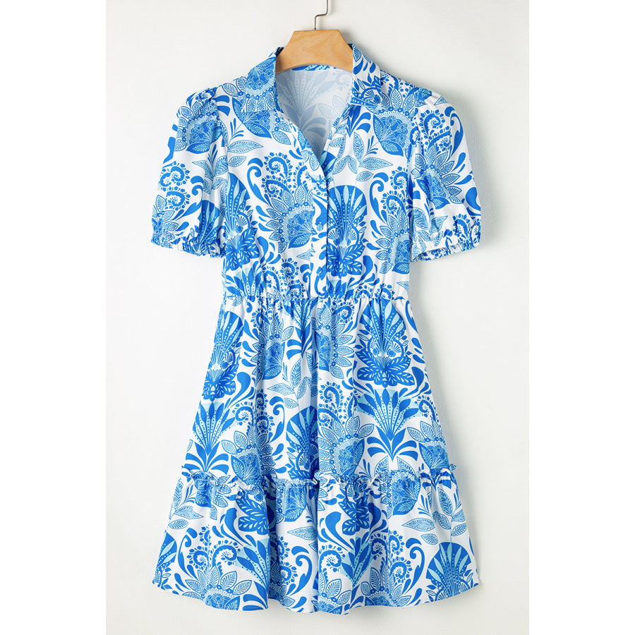 Sky Blue Retro Floral Print Drawstring Waist Ruffled Mini Dress Dresses/Floral Dresses