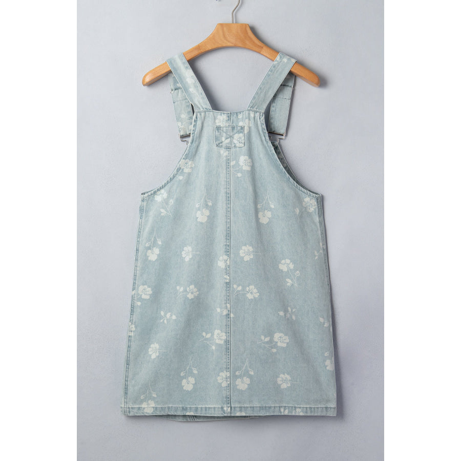 Sky Blue Retro Wash Denim Floral Print Overall Mini Dress Dresses/Mini Dresses