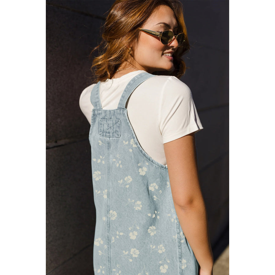 Sky Blue Retro Wash Denim Floral Print Overall Mini Dress Dresses/Mini Dresses
