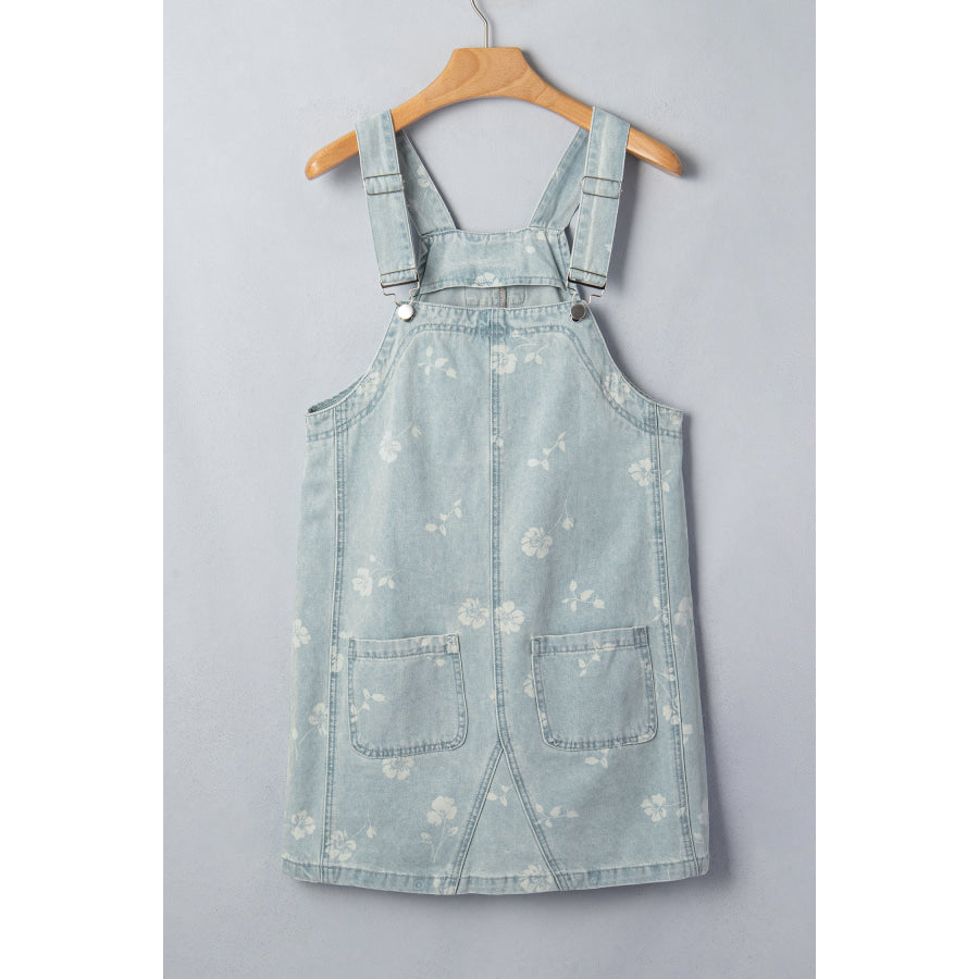 Sky Blue Retro Wash Denim Floral Print Overall Mini Dress Dresses/Mini Dresses