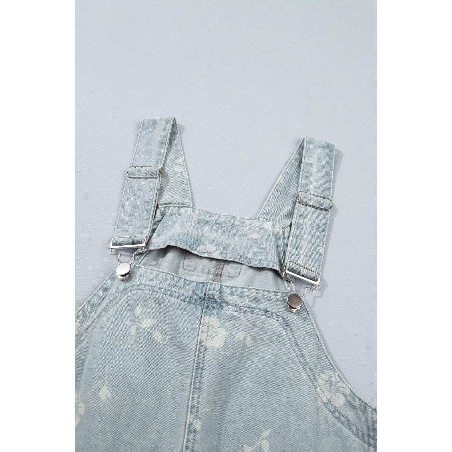 Sky Blue Retro Wash Denim Floral Print Overall Mini Dress Dresses/Mini Dresses