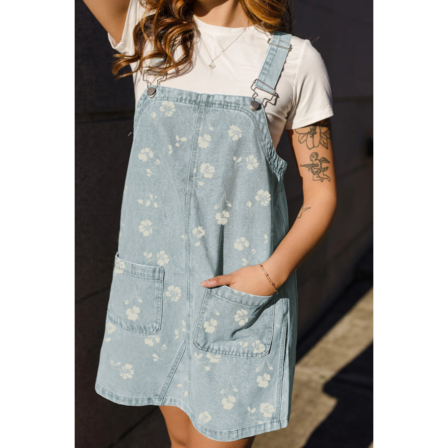 Sky Blue Retro Wash Denim Floral Print Overall Mini Dress Dresses/Mini Dresses