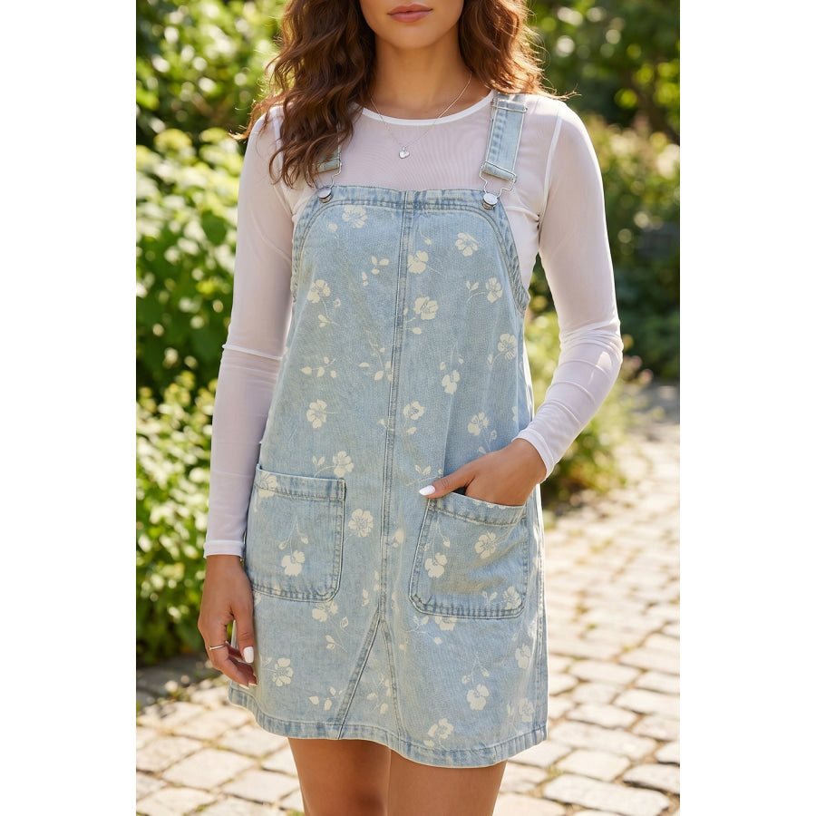 Sky Blue Retro Wash Denim Floral Print Overall Mini Dress Sky Blue / S Dresses/Mini Dresses