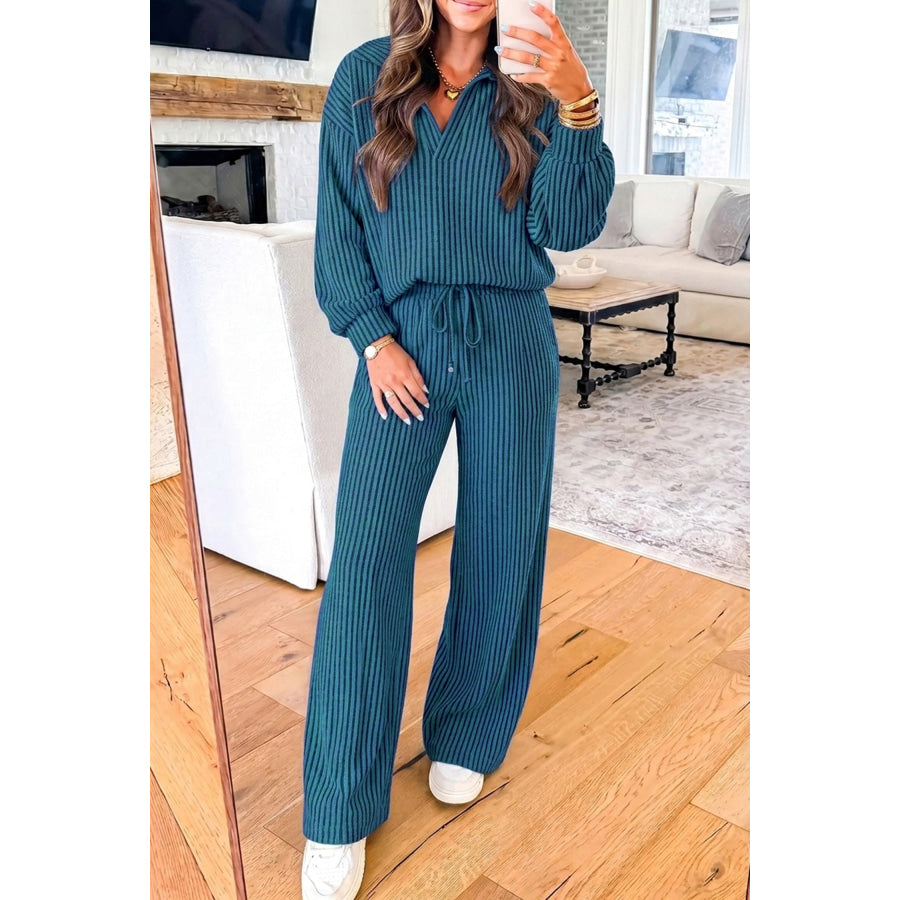 Sky Blue Ribbed Knit Collar V Neck Pullover Drawstring Waist Pants 2pcs Set / S Two Piece Sets/Pant Sets